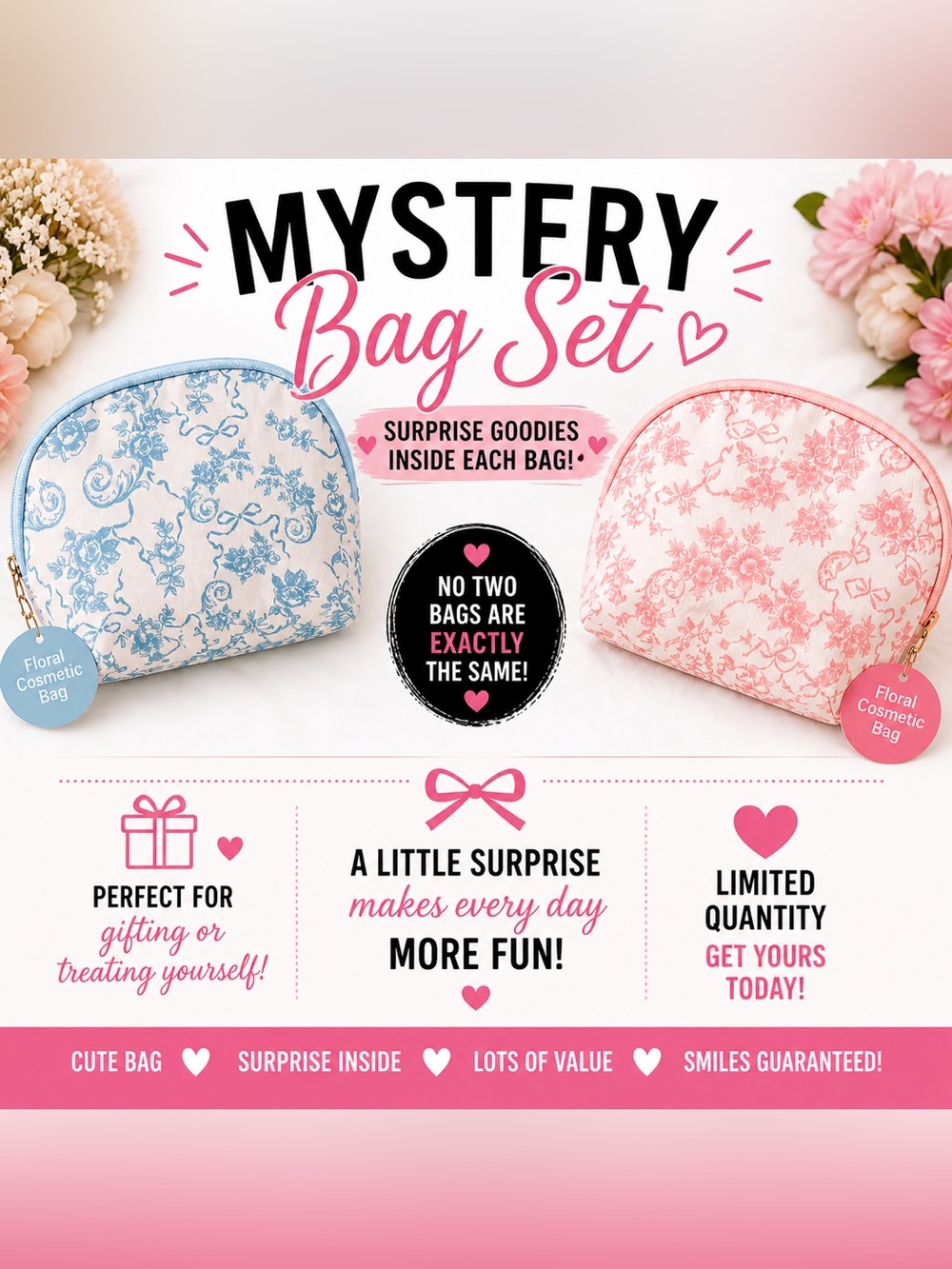 Mystery Floral Mini Cosmetic Bag - Pink and Light Blue